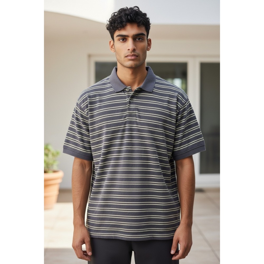 Lands End Mens Striped Polo Shirt Large 42-44 Charcoal Grey Yellow Cotton Top